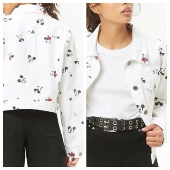 Disney Mickey & Minnie Mouse White Denim Crop Top Jacket Small - Picture 6 of 9